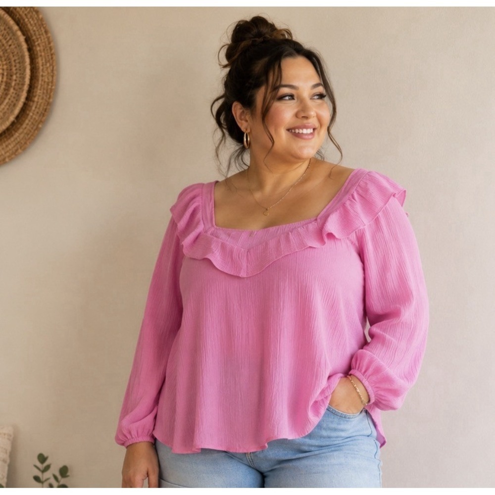 Design 365 Textured Pink Long Sleeve Ruffle Square Neck Top Size Xl